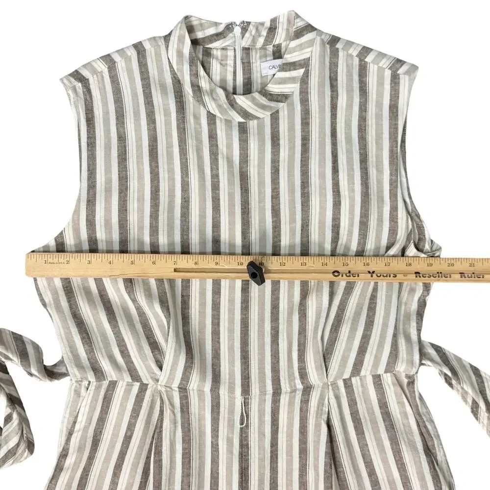 Calvin Klein White Beige Mock Neck Pinstripe Linen Blend Cropped Jumpsuit sz 12 - Picture 8 of 16